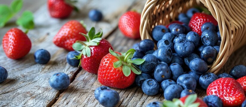 Blueberries and strawberries lay on a wooden surface, while others are in a small wicker basket.