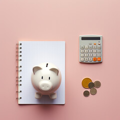 a single piggy bank in a well-organized workspace with notebooks and calculators. Structured approach to savings and investment. Generative AI.