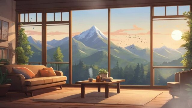 view from the window in the living room. Cartoon or anime watercolor painting illustration style. seamless looping virtual video animation background.