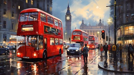 Two double decker buses are captured in this painting. This image can be used to showcase the hustle and bustle of city life.