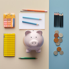 a single piggy bank in a well-organized workspace with notebooks and calculators. Structured approach to savings and investment. Generative AI.
