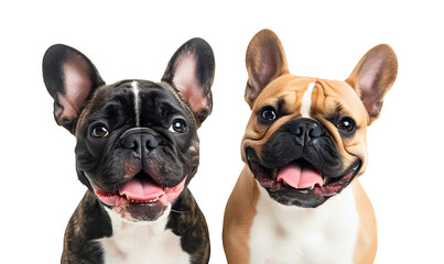 Two funny french bulldogs on the white background. Our friends dogs.