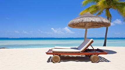 Sun lounger, umbrella, palm tree, and sea view with ample copy space, tropical paradise, vacation, banner