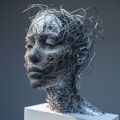 Intricate Wire Sculpture of a Human Head Showpiece Displayed on a White Pedestal Against a Dark Background