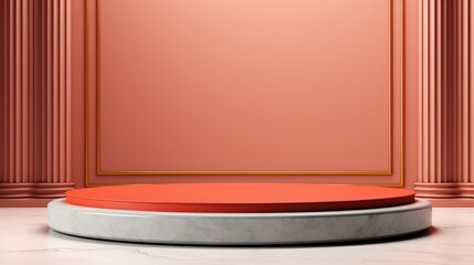 Luxurious oval shaped marble peach fuzz podium set against a striking marble wall background, banner