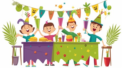 Colorful festive illustration of children at a birthday pancake party or celebrating Shrove Tuesday with happy, hungry, greedy friends at school, drinking fruit juice and singing, smiling or laughing