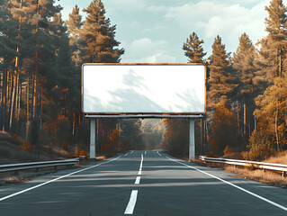 A blank billboard mockup on a road in the middle of a forest in spring, a nature-themed billboard mockup, illuminated by sunlight. Created with Generative AI.