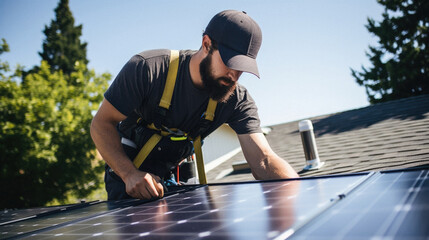 Roofing technician installing solar panels on the roof of a house