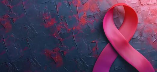 A banner with copyspace related to World Cancer Day, pink ribbon, symbolizing awareness, elegantly placed against a textured background painted in deep blues and reds