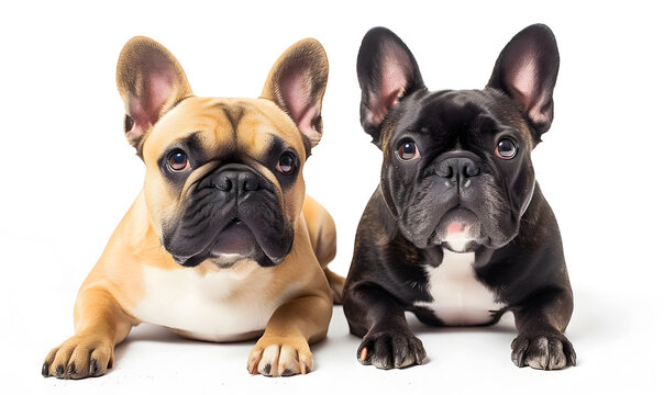 Two funny french bulldogs on the white background. Our friends dogs.