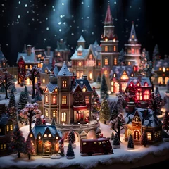 Fototapeten Christmas and new year miniature village on snow background. Holiday decoration. © Michelle