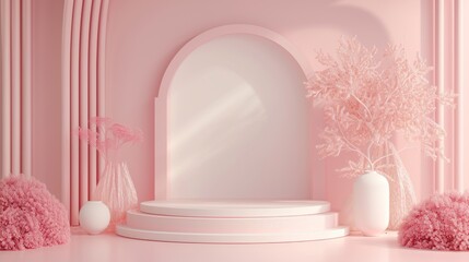 Display podium design for mock up and product presentation pink color scene