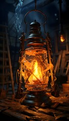 Vintage oil lamp in dark room. Halloween concept. 3D Rendering