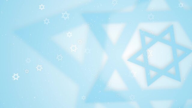 Star of David shape symbol animation hexagram on white background with blue lights and Jewish stars. Modern blurred loop background