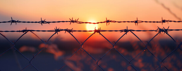 Dusk Silhouettes: Barbed Wire on Sunset. Silhouette of barbed wire against a warm sunset, representing a closed border at dusk. - obrazy, fototapety, plakaty