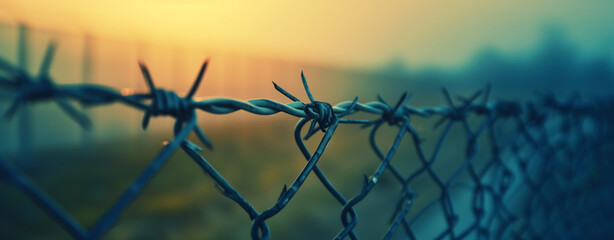 Dusk Silhouettes: Barbed Wire on Sunset. Silhouette of barbed wire against a warm sunset, representing a closed border at dusk.