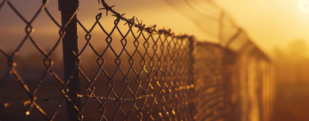 Fototapeta premium Solitary Silhouette: Bird on Barbed Wire. Bird perched on barbed wire, silhouette against the sky.
