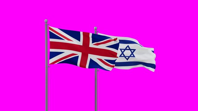 Israel flag and United Kingdom or UK flag waving with colored chroma key for easy background remove, endless seamless loop, two country relations concept