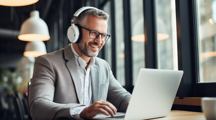 Smiling businessman in headphones using laptop and listening to music in cafe