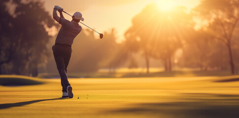 Fototapeta na wymiar Sunset Golf Swing on the Fairway. Skilled golfer mid-swing with a sunlit backdrop.