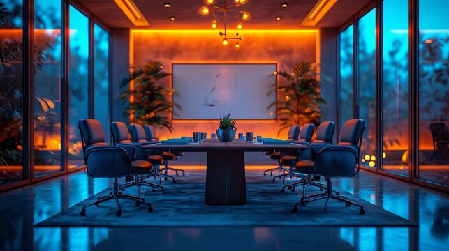 A serene boardroom at dusk, ready for strategic meetings, reflecting modern corporate sophistication.