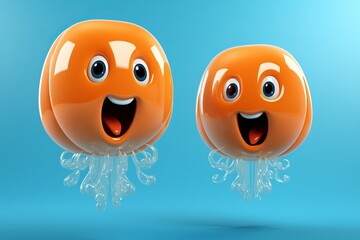Funny smiling fantasy jellyfish with big eyes on blue solid background, 3d abstract