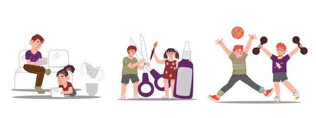 Children creative art and crafts lessons banners set for website or print materials, flat vector illustration. Classes and and activities to encourage child's imagination and artistic skills.