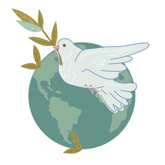 Dove with olive branch flying over the planet, vector illustration isolated on white background. Illustration on the theme of peace and anti-war symbol.