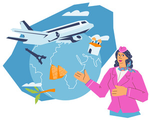 Stewardess or air hostesses cartoon character on background of globe with flying airplane, flat vector illustration isolated on white.