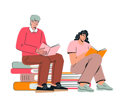 People man and woman read books, flat cartoon vector illustration isolated on white background. Characters for reading hobby, bookcrossing or education topics.