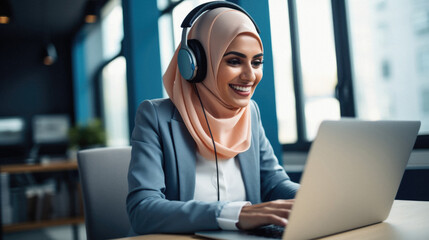 Portrait of smiling muslim businesswoman in headphones using laptop in office - obrazy, fototapety, plakaty