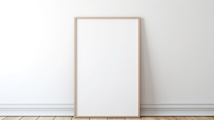 blank wooden vertical frame mock up, wooden frame poster on wooden floor with white wall, empty picture frame mockup - Powered by Adobe