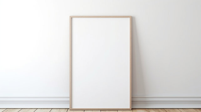 blank wooden vertical frame mock up, wooden frame poster on wooden floor with white wall, empty picture frame mockup