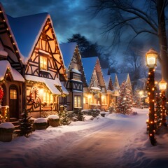 Christmas and New Year holidays background. Christmas trees in a snowy village.