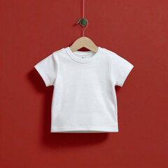 Blank white cotton newborn baby top t-shirt mock-up template design.cute little boy girl child isolated infant toddler shirt clothing fashion apparel wooden store mockup illustration.
