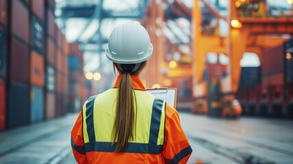 female logistics coordinator in a protective helmet holding a clipboard. She is looking towards a busy container terminal with cranes and containers
