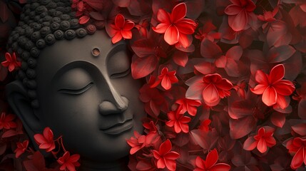 A captivating Buddha statue emerges among a vibrant tapestry of red flowers, exuding an aura of profound peace and beauty.
