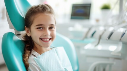 young girl in a dental chair, smiling and looking happy or content. This is a dental office. a comfortable visit to the dentist.