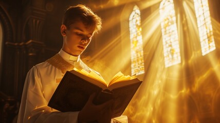 boy in church reading a Bible or prayer book. He is standing in a beam of light coming through a stained glass window, suggestive of a sacred moment.