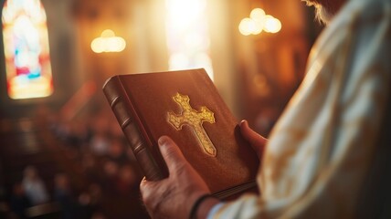 priest holding a brown leather Bible with a gold cross embossed on the cover - obrazy, fototapety, plakaty