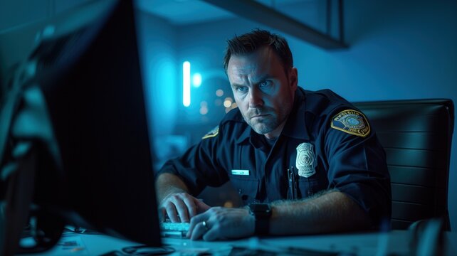 policeman working intently on a computer in a dimly lit room, indicating a late shift or night time