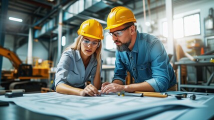 two engineers or architects, a man and a woman, both wearing safety helmets and vests, studying drawings or plans on a table in an industrial setting. - obrazy, fototapety, plakaty