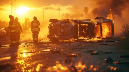 Firefighters passing next to a car engulfed in flames. The vehicle has flipped over on the road. rescue service - obrazy, fototapety, plakaty
