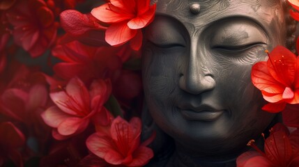 A captivating Buddha statue emerges among a vibrant tapestry of red flowers, exuding an aura of profound peace and beauty.
