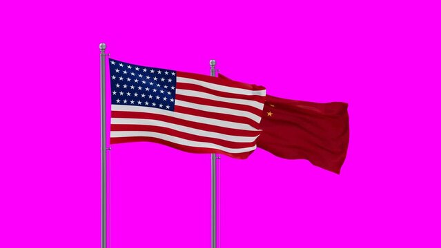 China flag and USA or United State flags waving with colored chroma key for easy background remove, endless seamless loop, two country relations concept