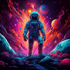 Neon pop art image of an astronaut in a vibrant spacesuit surrounded by swirling galaxies