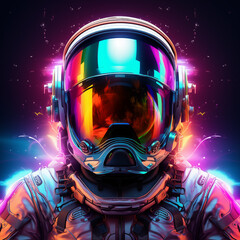 Neon pop art image of an astronaut in a vibrant spacesuit surrounded by swirling galaxies