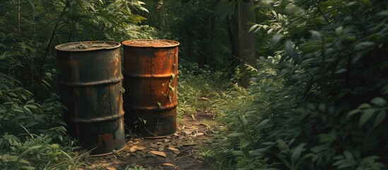 Wooded area contains three aged plastic barrels. - obrazy, fototapety, plakaty