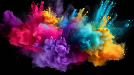 Fototapeta na wymiar Colored powder explosion on a transparent background. Abstract closeup dust on backdrop. Colorful explode. Paint holi isolated on transparent background