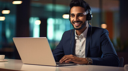 Smiling indian businessman with headset working on laptop at night office